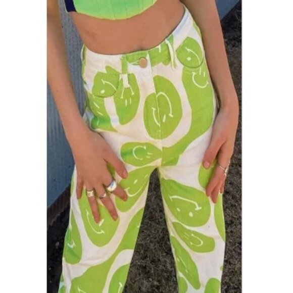 Bailey Rose S 26x32 Smiley Face Happy Lime Green Wide Leg Jeans - Picture 2 of 12